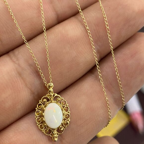 14K Yellow Gold Authentic Necklace Nice White Stone Opal Pearl 15" Cable Link - Picture 2 of 7